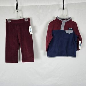 Old Navy Outfit Boy 12 - 18 Mo Blue Burgundy Fleece Long Sleeve Top & Pants Set
